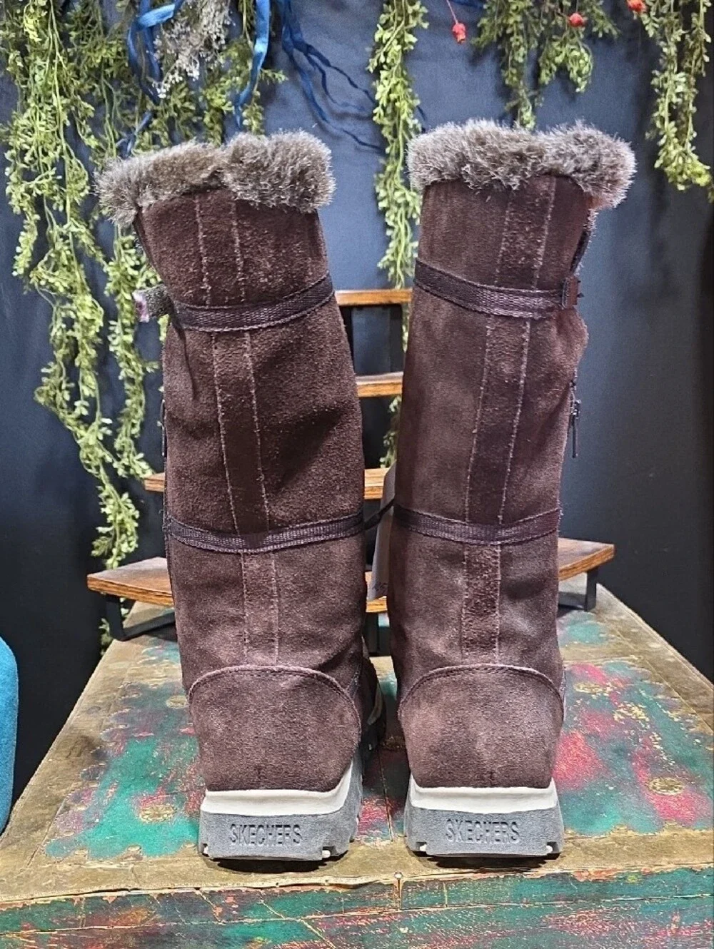 Skechers Women's Dark Brown Suede & Faux Fur-Lined Lace-Up Winter Boots